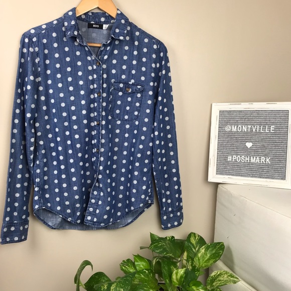 white polka dot button down shirt
